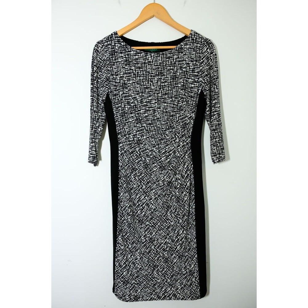 Lauren Ralph Lauren Dress 8 Black White Ruched Sheath Event abstract